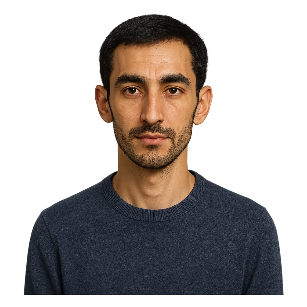 A Tajik man with a slender build, oval face, broad forehead, straight nose, expressive brown eyes, thick eyebrows, dark straight hair, and warm-toned skin, neatly kept facial hair sticker