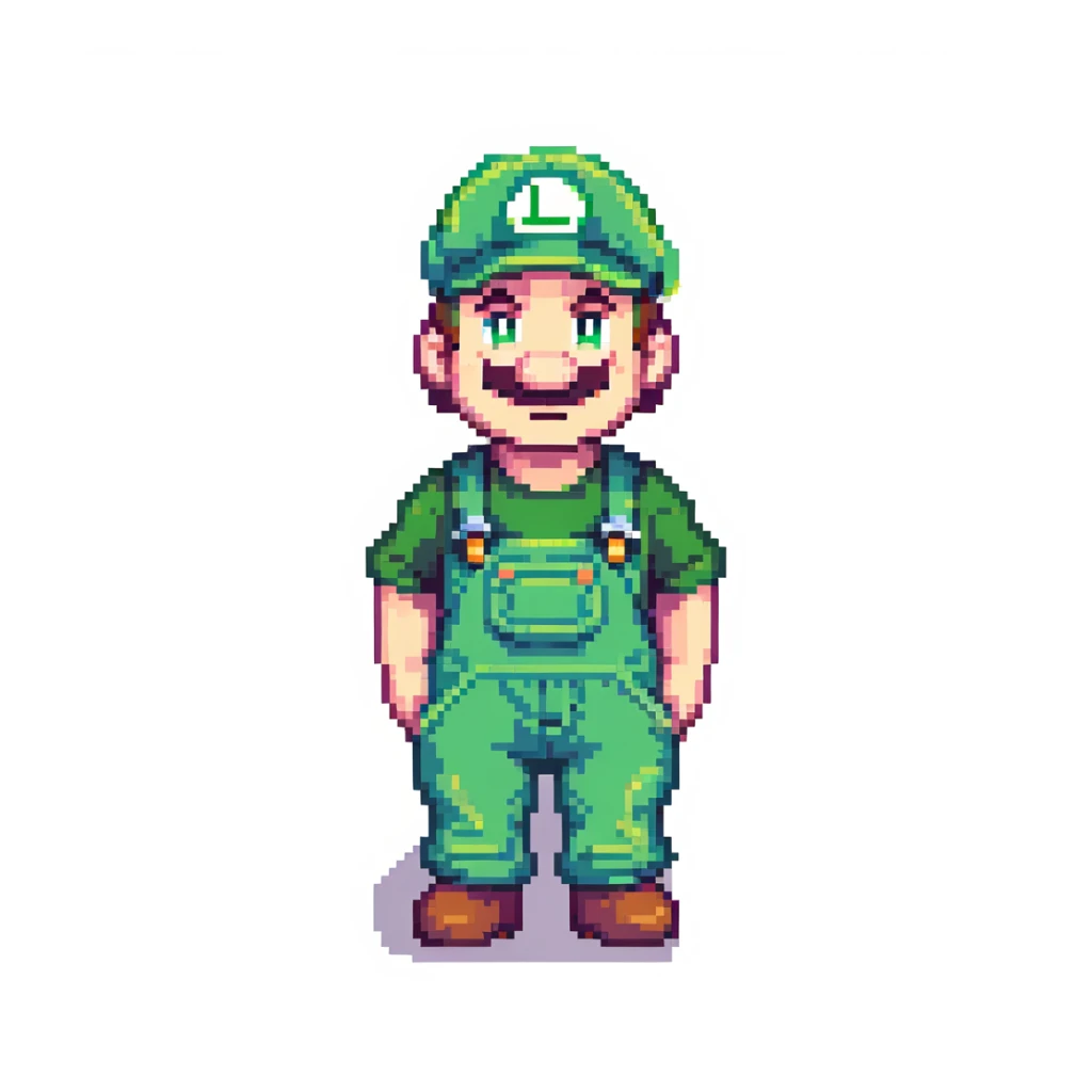 Luigi character in classic green hat and overalls, pixel art style sticker