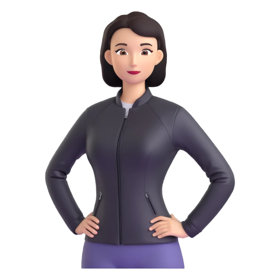 woman with oval-shaped flat-top head wearing a tight-fitting elbow-length black leather jacket sticker