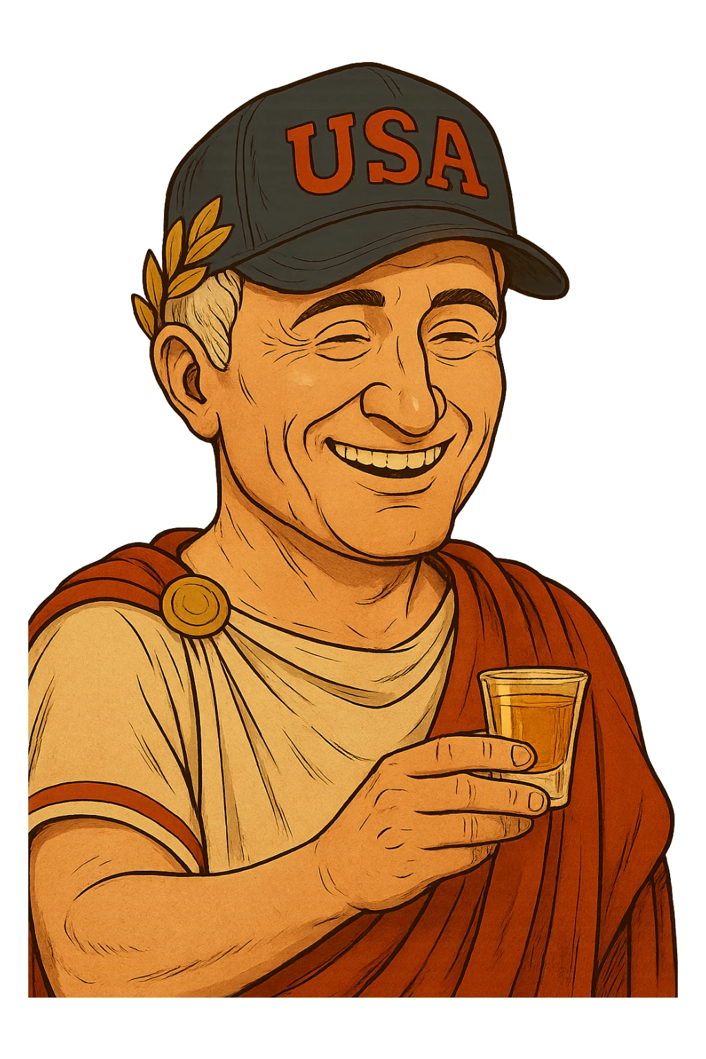 Используя такую стилистику сгенерируй довольного Императора Цезаря с кепкой USA на голове и держащего в руках стопку текилы, прозрачный фон sticker