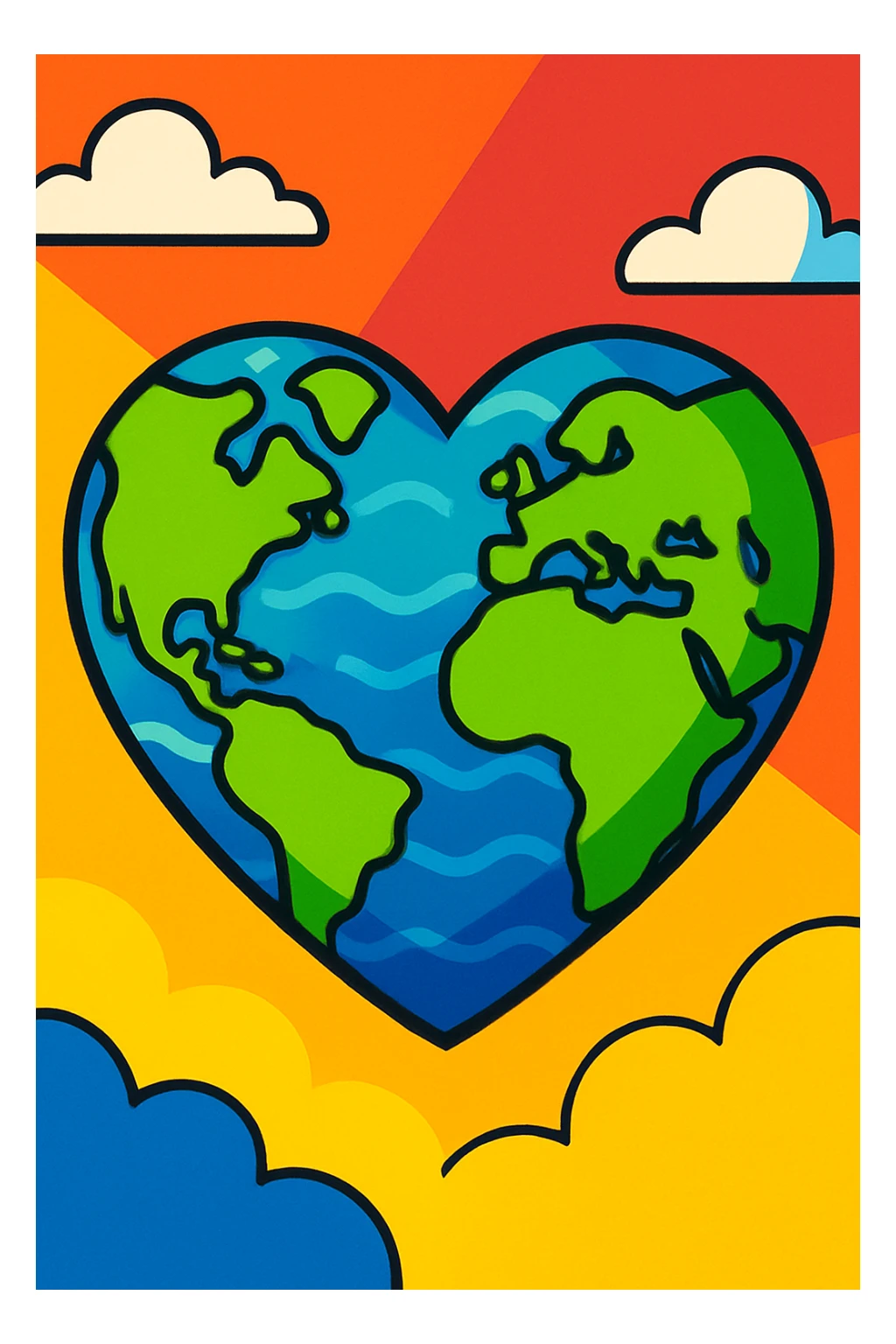 heart-shaped planet with continents and oceans, vibrant colors, cartoon style sticker