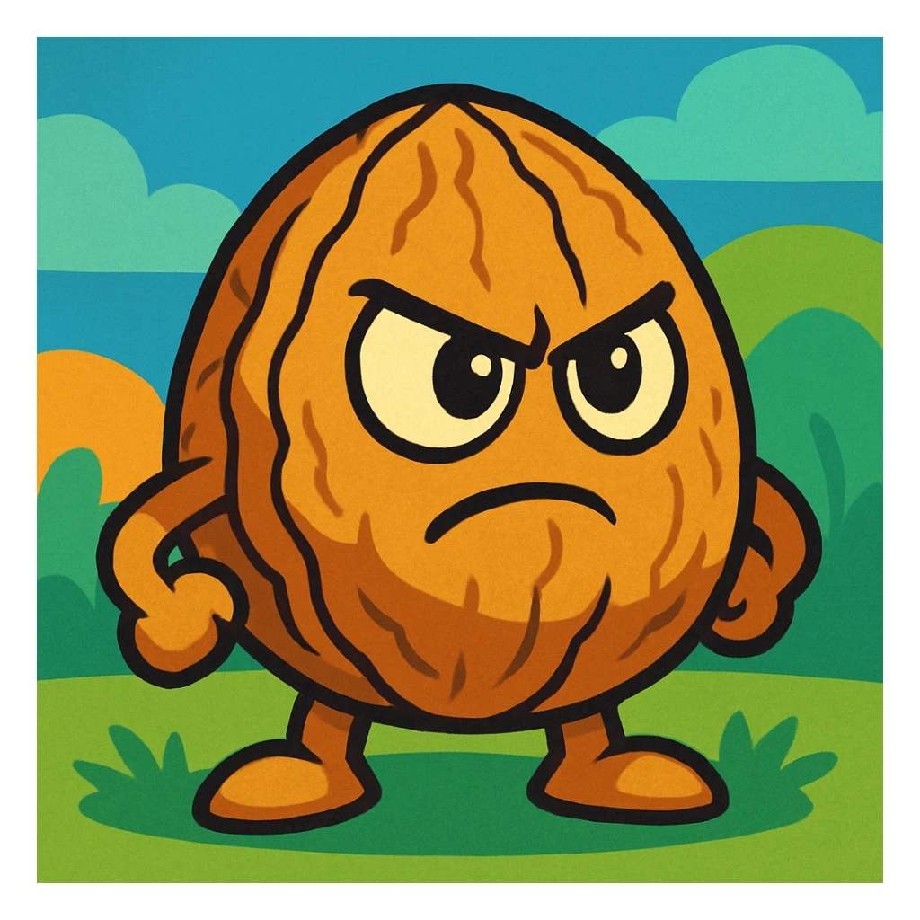 walnut character with determined face, fun cartoon style, inspired by Plants vs Zombies sticker