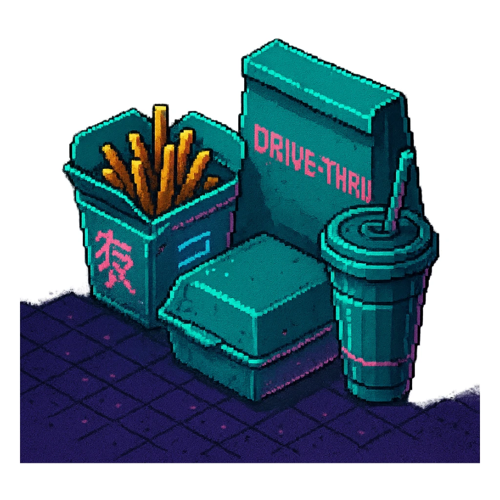 cyberpunk futuristic, 3d isometric, item image, video game item, inventory icon, the image depicts a small box of takeout, takeaway, chinese takeout food, delivery food. futuristic drive-through, fries, bag and drink. dystopian. pixelated retro video game graphics sticker