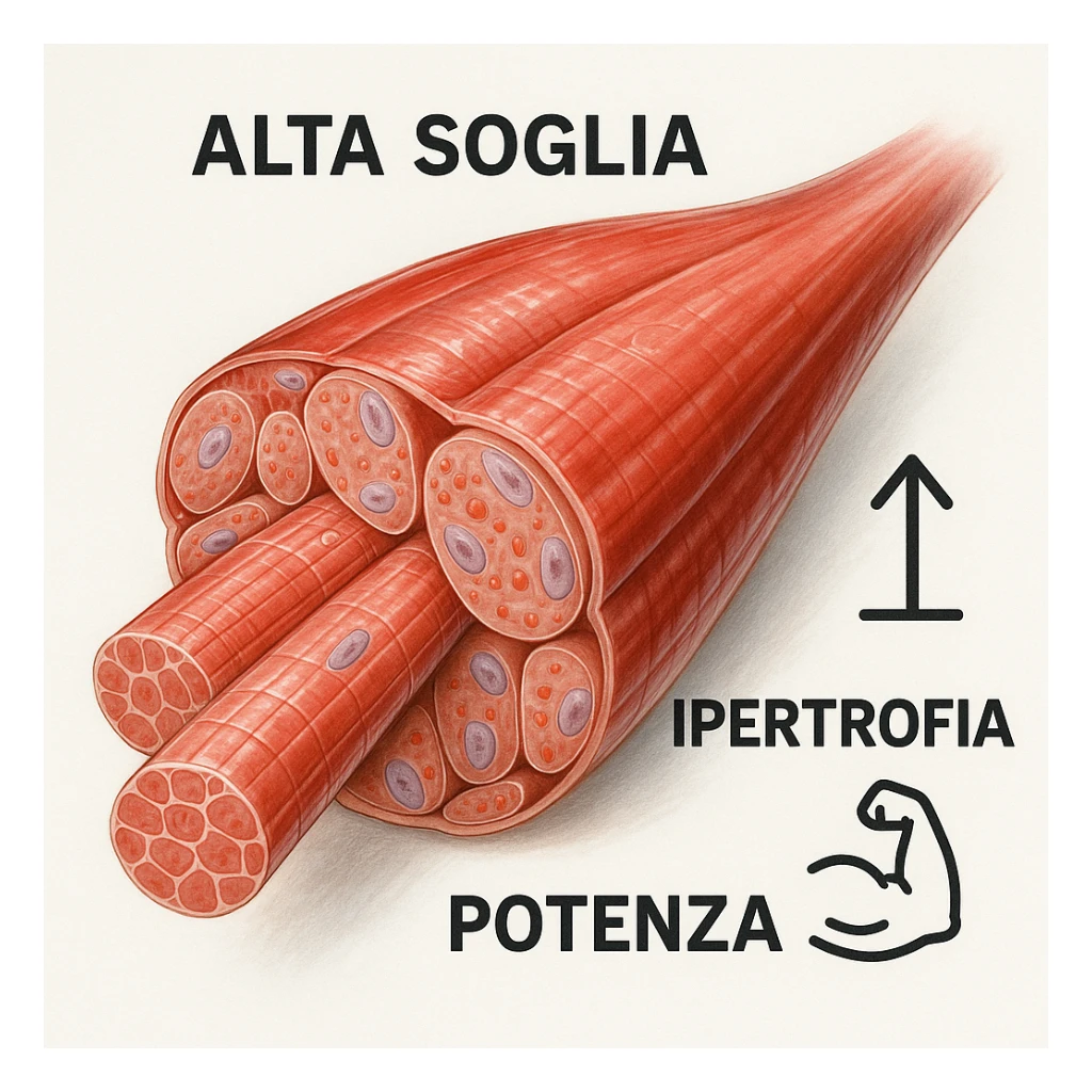 hyper realistic illustration of high threshold fast contracting muscle fibers, highly hypertrophiable, with internal Italian text 'alta soglia', 'ipertrofia', 'potenza', cellular details, growth symbols, clinical atmosphere, white background sticker