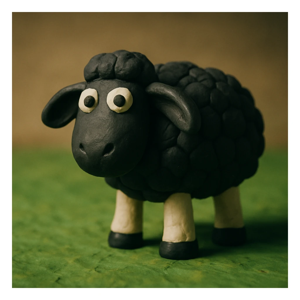 sheep with black wool standing on green grass, visible fingerprints, matte plasticine look, claymation style sticker