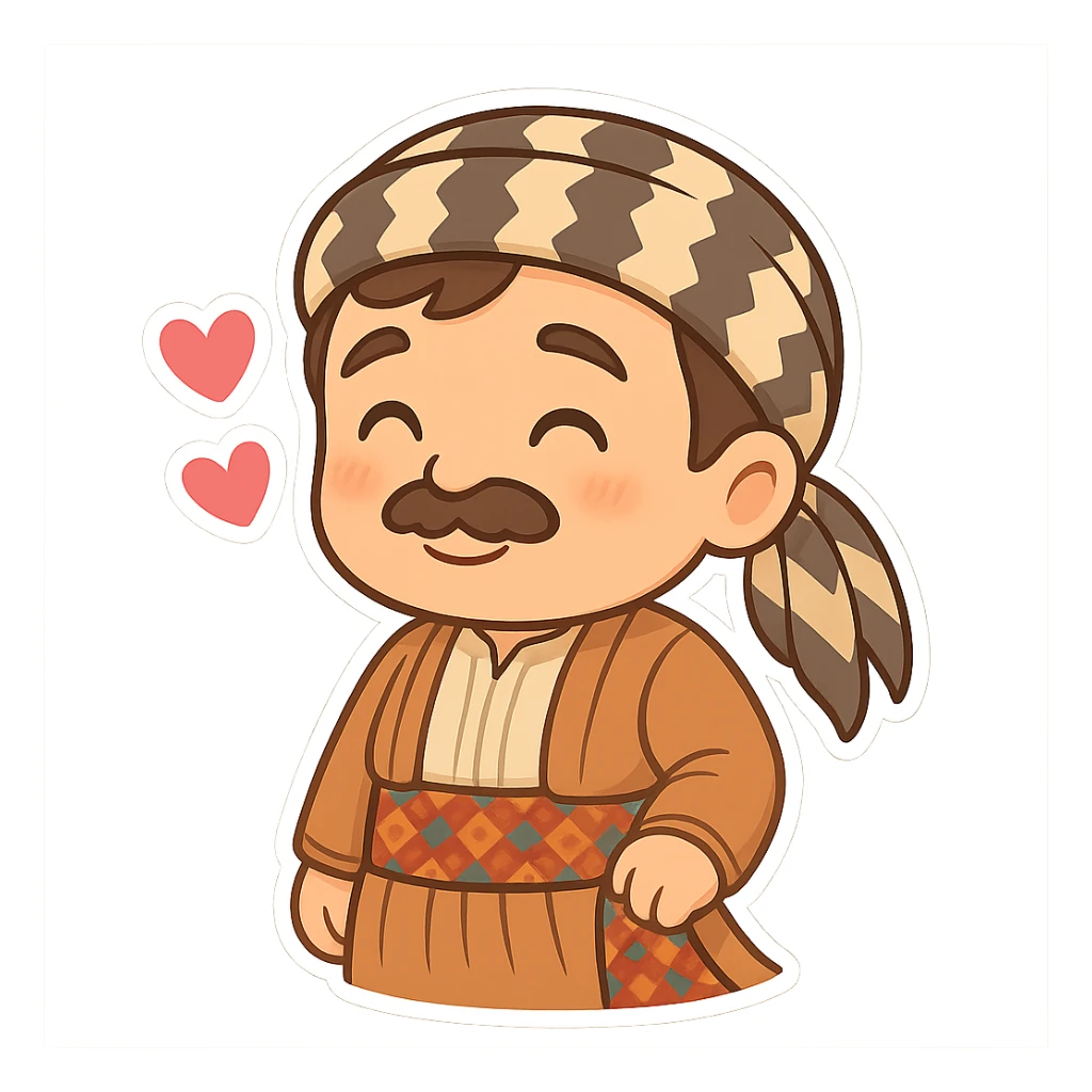 Create a chibi Kurdish cartoon sticker based on the reference image, showing a loving (heart/affection) expression, with a transparent background. sticker