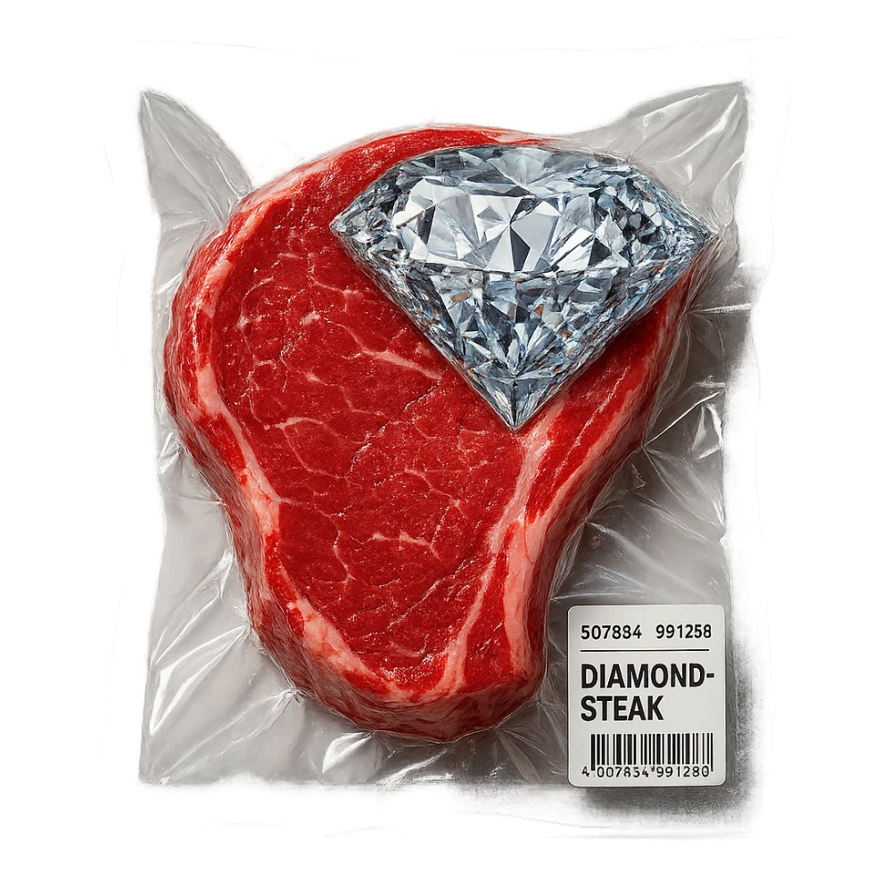 meat steak with sparkling diamond facets, glossy and puffy, no background sticker