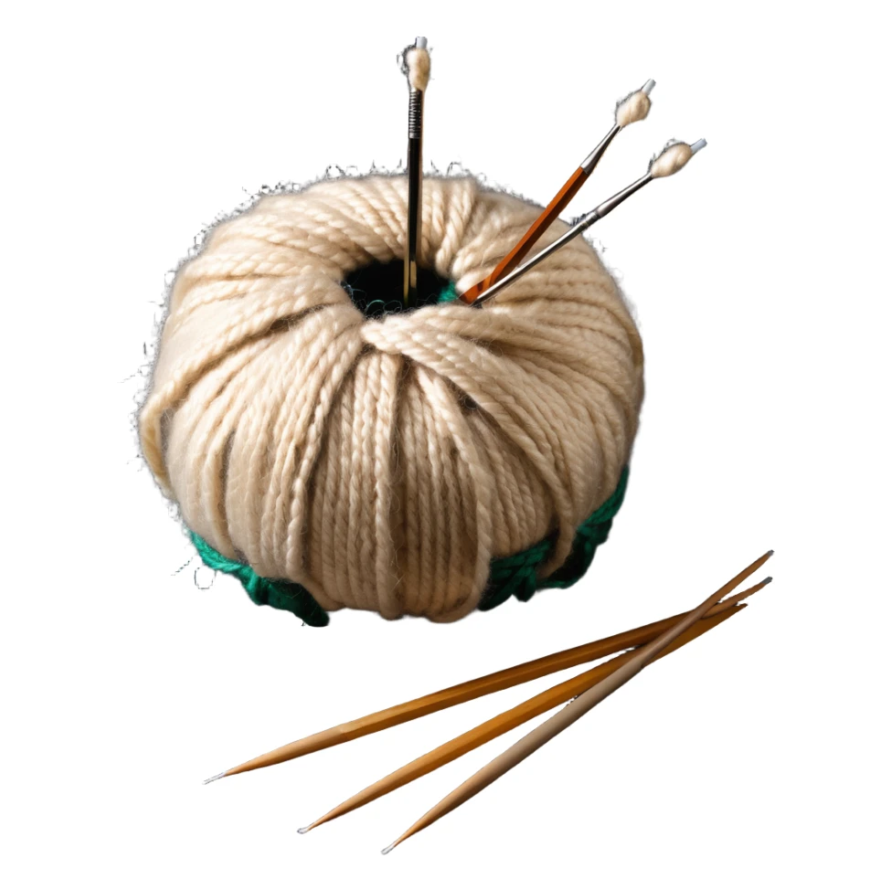 ball of beige mohair wool with knitting needles sticker