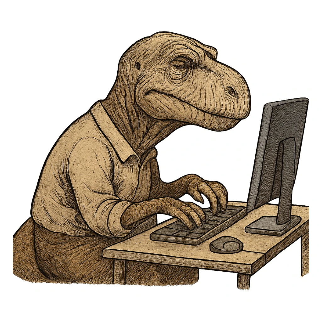 old dinosaur working at a computer sticker