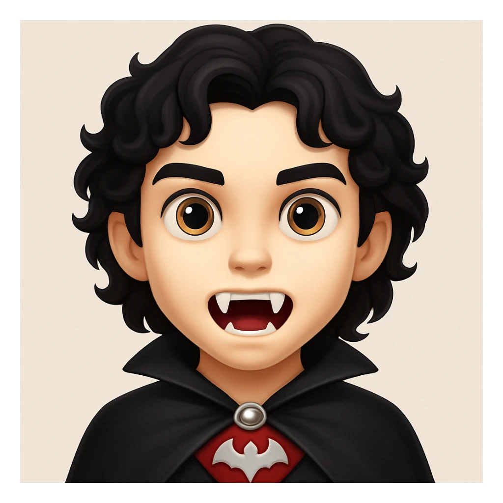Create an image of a vampire boy with medium-length curly black hair and more prominent fangs in an emoji style. The style should resemble emoji aesthetics but use the general editing model for best results. sticker