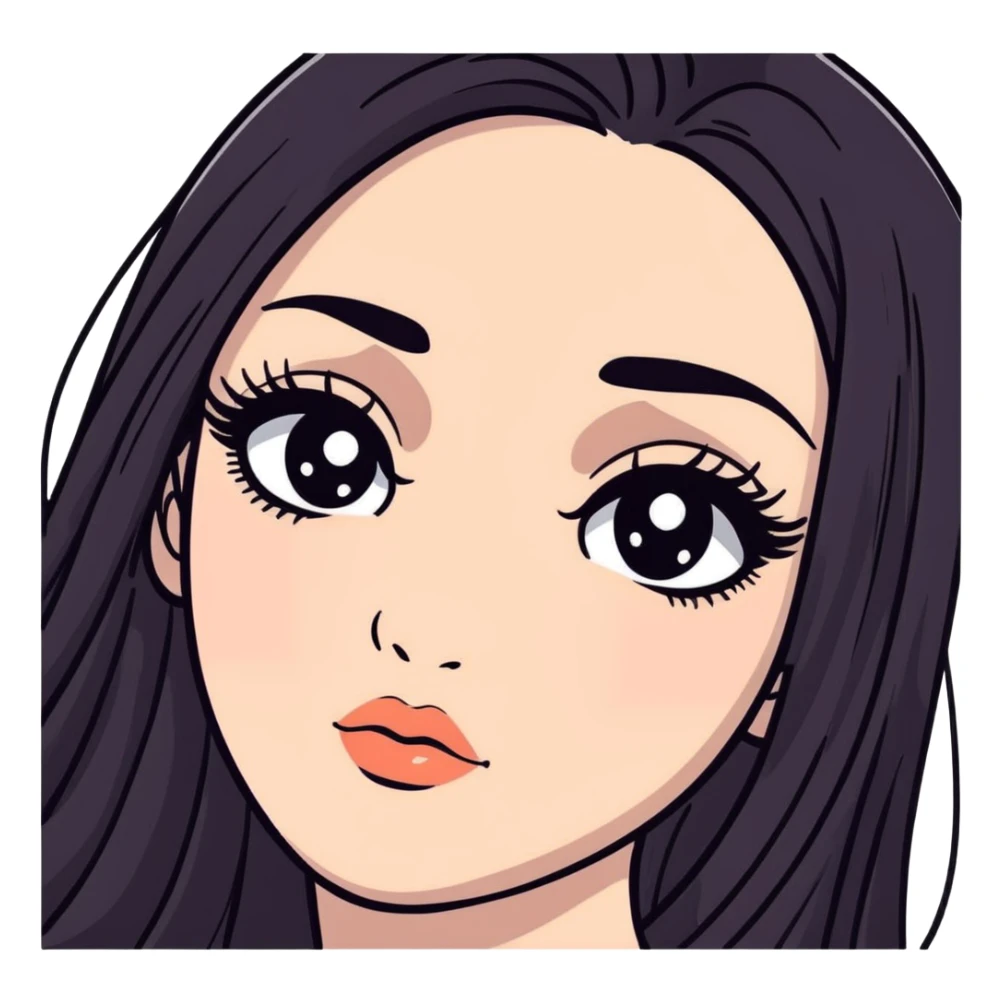 White girl with long oval face, huge round black eyes, big eyelashes, no makeup, natural lips, face closeup, long straight black middle-parted hair sticker