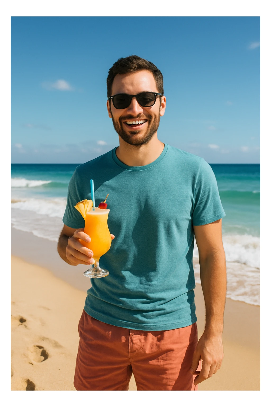 take this picture of a man and make it  beach photo with drink sticker