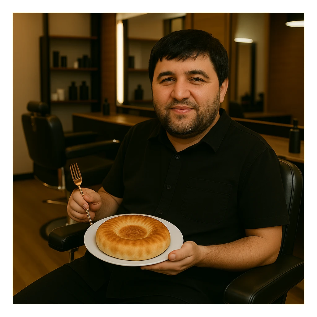 Replace the man's face in the original photo with the face from the second image. Keep the setting, lighting, body, and the bread plate exactly the same. Make sure the new face blends naturally with the skin tone and lighting of the original photo. The man should still be sitting in a barbershop chair, holding a plate with Uzbek bread and a fork, wearing black clothes sticker