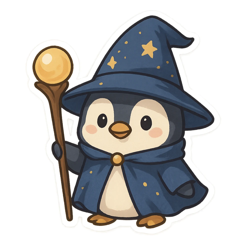 a penguin dressed as a wizard, with a pointy hat and a magic staff, in a fun and whimsical style sticker