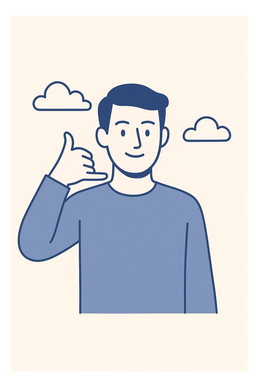 man making phone call gesture, arm extended sideways, thumb and pinky finger forming phone sign, simple background, modern and clear style sticker