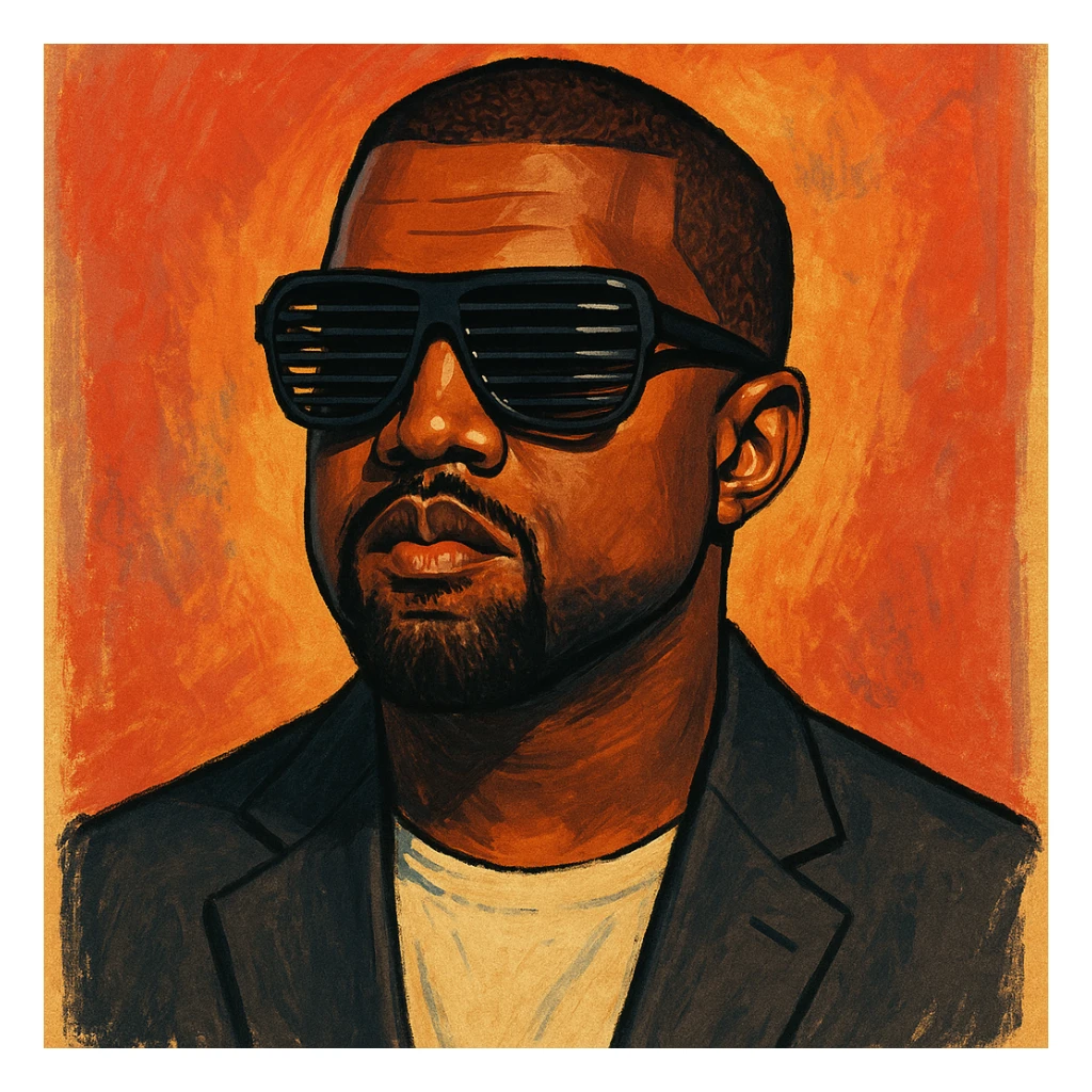 stylized portrait of Kanye West, iconic sunglasses, confident expression sticker