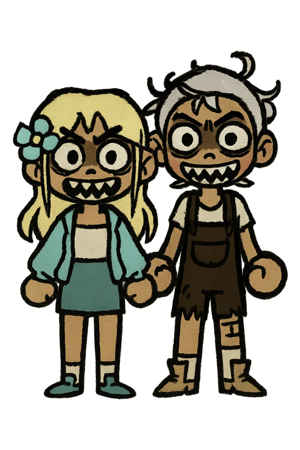 Create a couple image of these two cartoon characters standing side by side, both with scary expressions, matching their style, transparent background. sticker