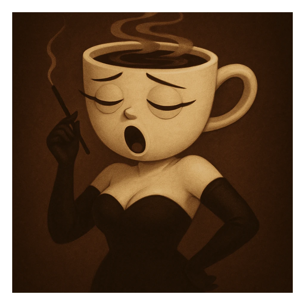 Change the coffee cup woman's expression to sleepy, with half-closed eyes and a small yawn. Keep the original style and character, only modify the eyes and mouth, preserving the original style and look. sticker