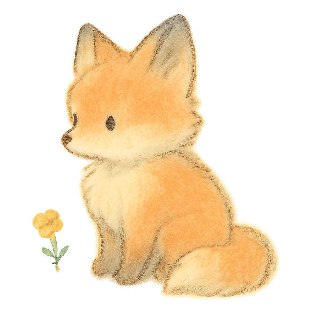 fluffy baby fox silhouette, Japanese soft pastel hand-drawn style, full object, transparent background, with a tiny flower sticker