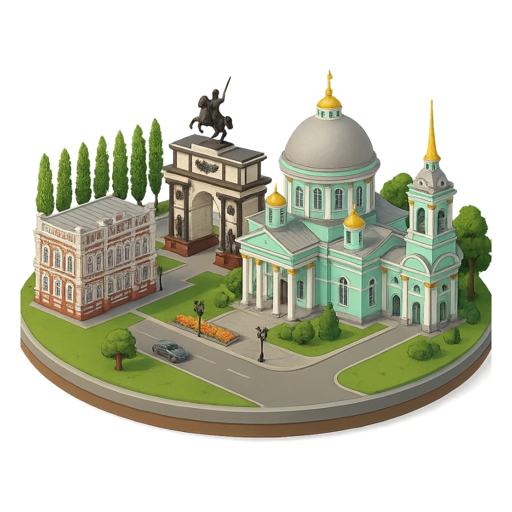 Изометричная, яркая, детализированная и фотореалистичная иллюстрация панорамы города Курска на круглой подставке, Знаменский собор, здание Дворянского собрания, Триумфальная арка в стиле 3D-коллажей городов, чёткие линии, слегка мультяшная стилистика, прозрачный фон, не обрезать края картинки sticker