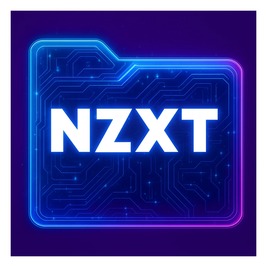 Transform the NZXT logo into a cyberpunk, holographic style with glowing neon blue and pink circuit patterns and edges. Keep the solid purple square background as the main background color. The NZXT text should be bold, crisp, and white for maximum legibility, not obscured by any patterns. The overall look should be futuristic, clean, and consistent with cyberpunk folder icons style, emphasizing a holographic and neon aesthetic with purple as the dominant background color. sticker