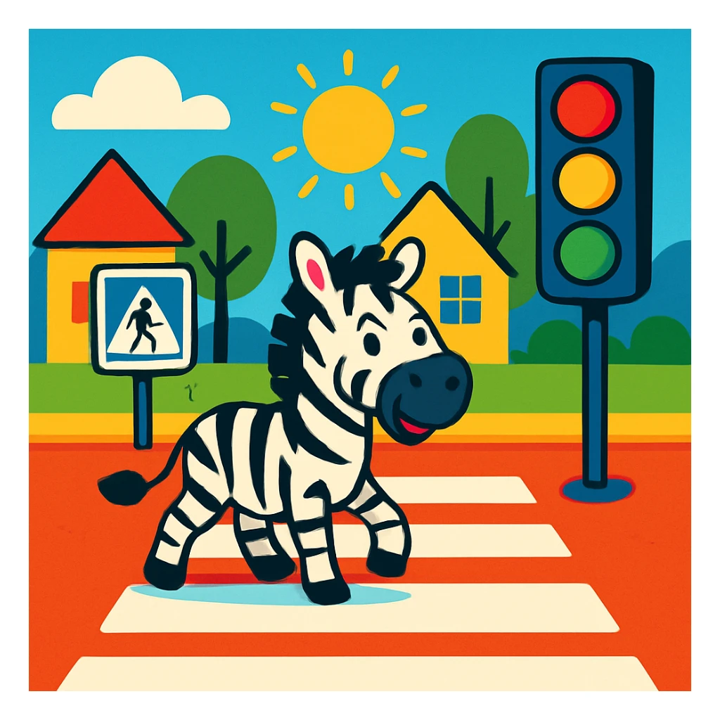 cartoon style zebra crossing, playful, bright colors sticker
