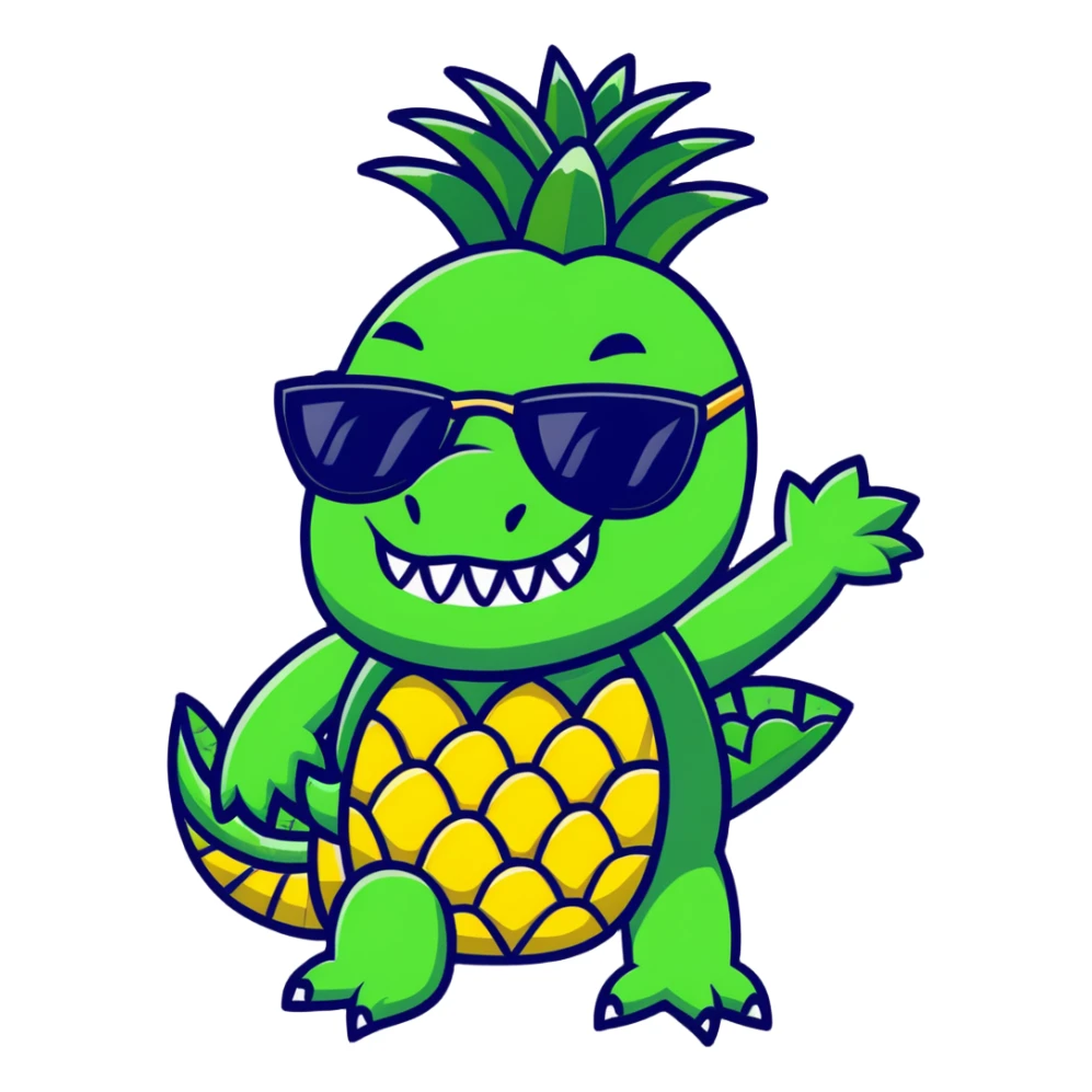 A pineapple with crocodile features - green crocodile legs and tail, crocodile teeth on the pineapple, wearing sunglasses sticker