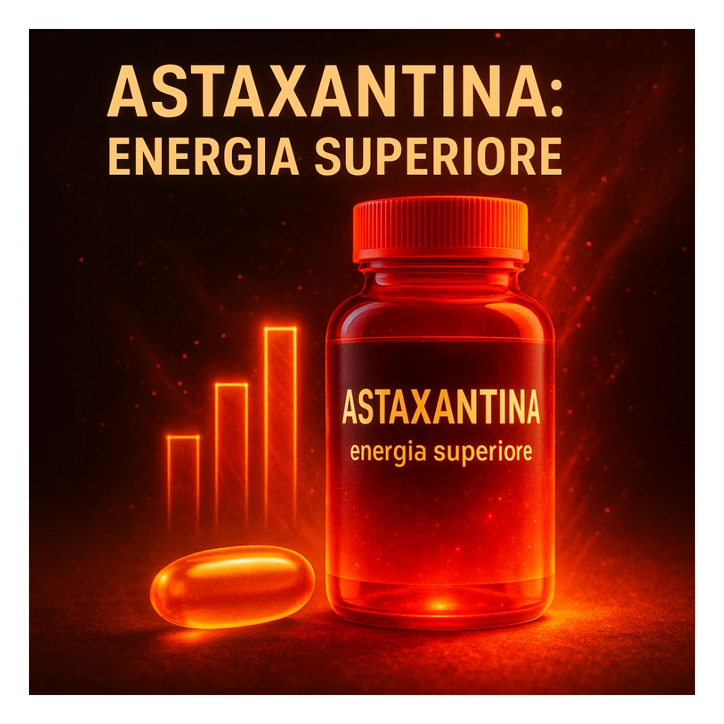 hyper realistic Astaxantina with glow effect, orange and golden capsule, glowing red bottle, bar chart, text 'Astaxantina: energia superiore', energetic atmosphere sticker