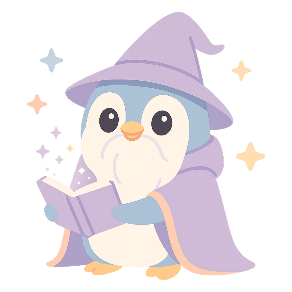 fantasy penguin wizard with long beard, mystical cloak, enchanted book sticker
