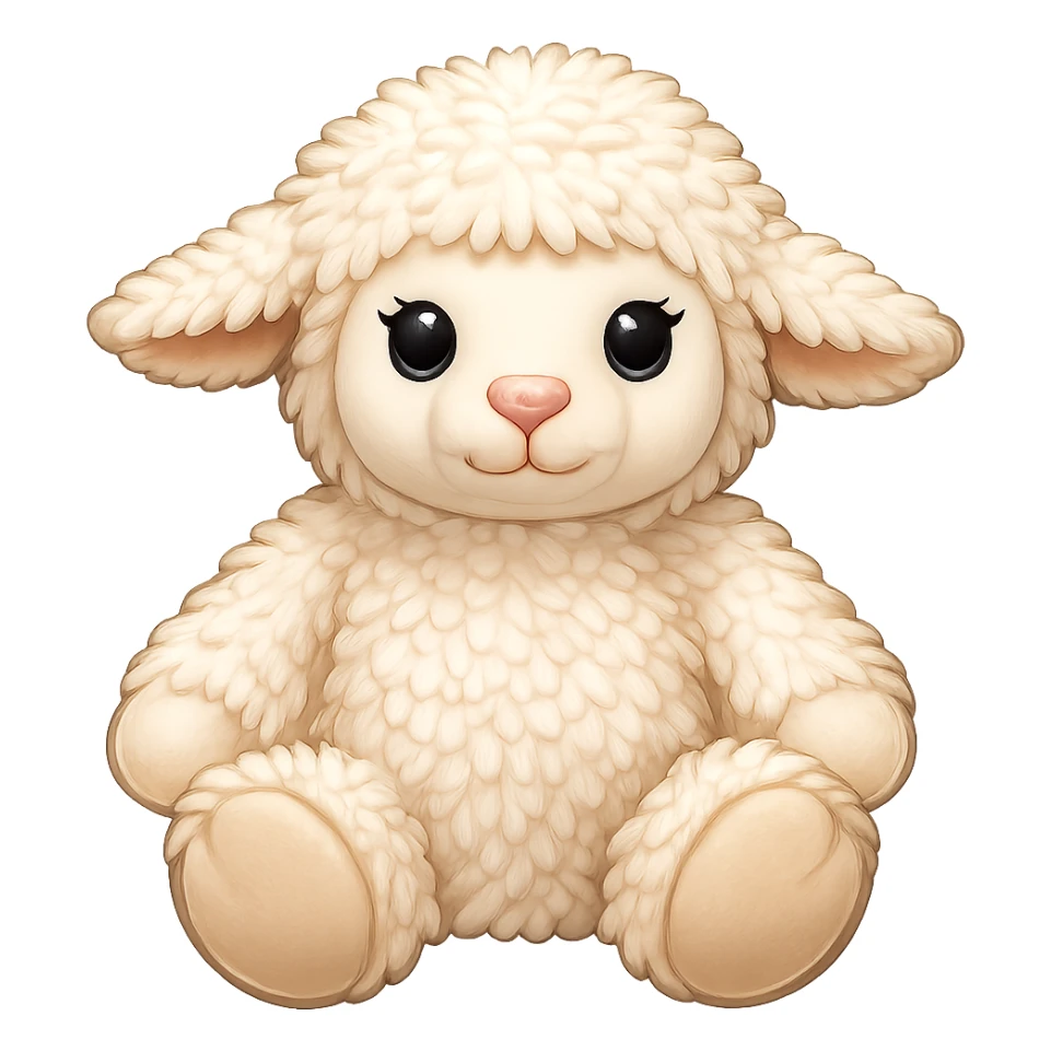 Create an emoji style illustration of this exact lamb stuffed animal. Capture its fluffy texture, big black eyes with lashes, and soft cream color. The lamb should be in a sitting pose with no background. The style should resemble emoji style illustration. sticker