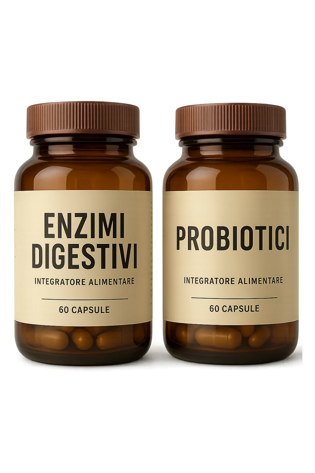 DUE BARATTOLI di integratore con la scritta "ENZIMI DIGESTIVI" E "PROBIOTICI", iperrealistico 4k sticker