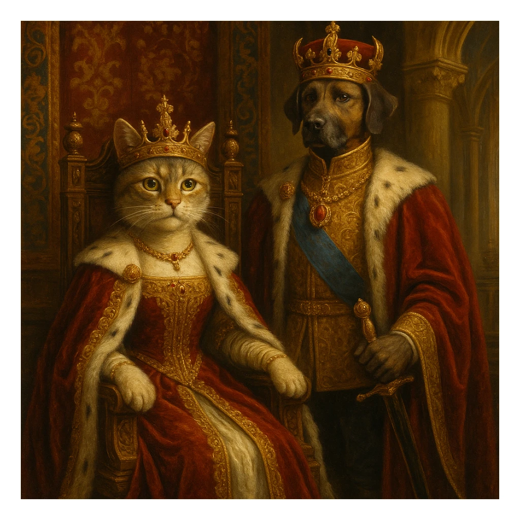 queen cat sitting on throne, king dog standing beside, royal atmosphere sticker
