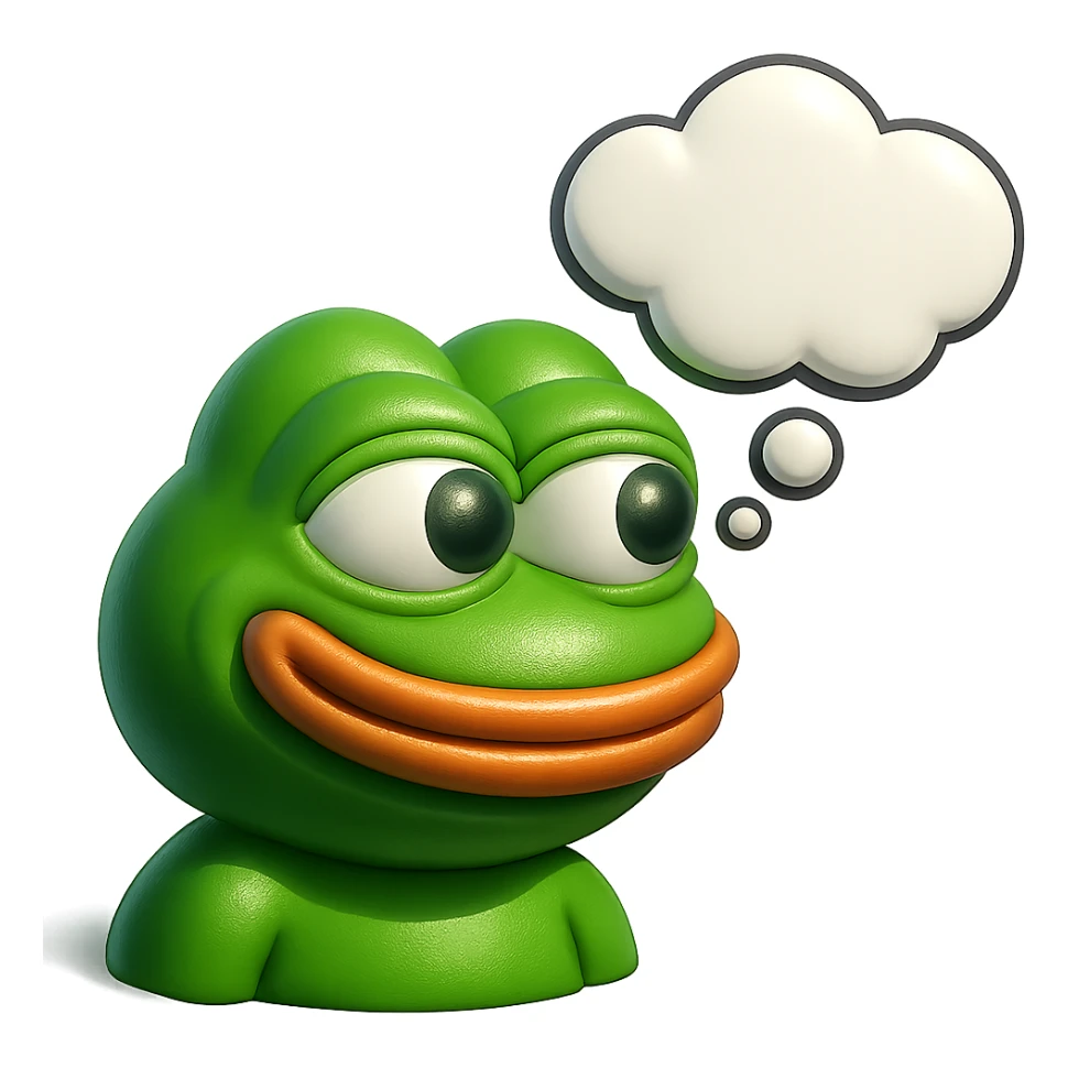 make a pepe in bright green smiling with thought bubble looking at right side in 3d style, good highlights and shadows, drop shadows sticker