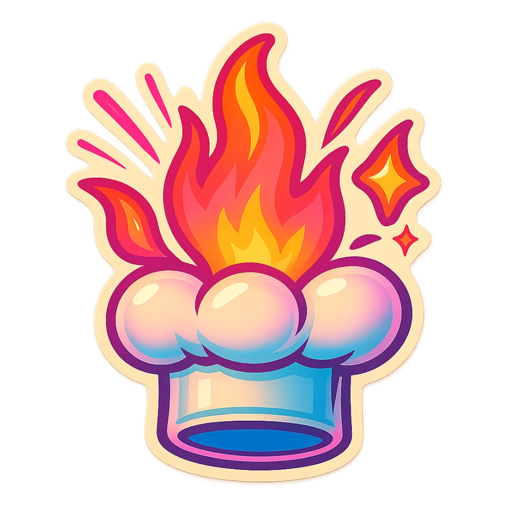 chef's hat explode with trails of fires, emoji, playful, magic flame neon orange to neon pink gradient, vibrant, flame matching style reference file sticker