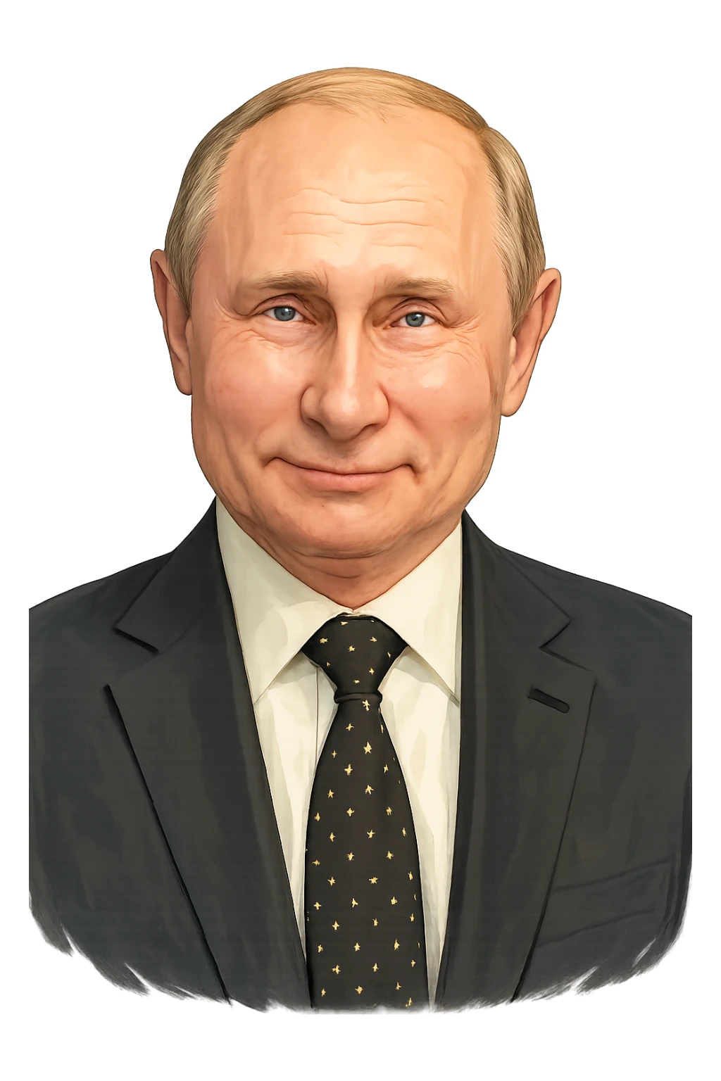 Владимир Путин в слегка рисованном, но при это объемный стиле, слегка улыбается, прозрачный фон sticker