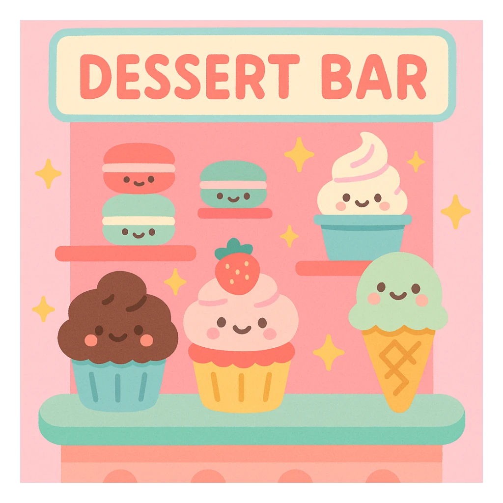 cartoon dessert bar, pastel colors, kawaii style, sparkles, happy expression sticker