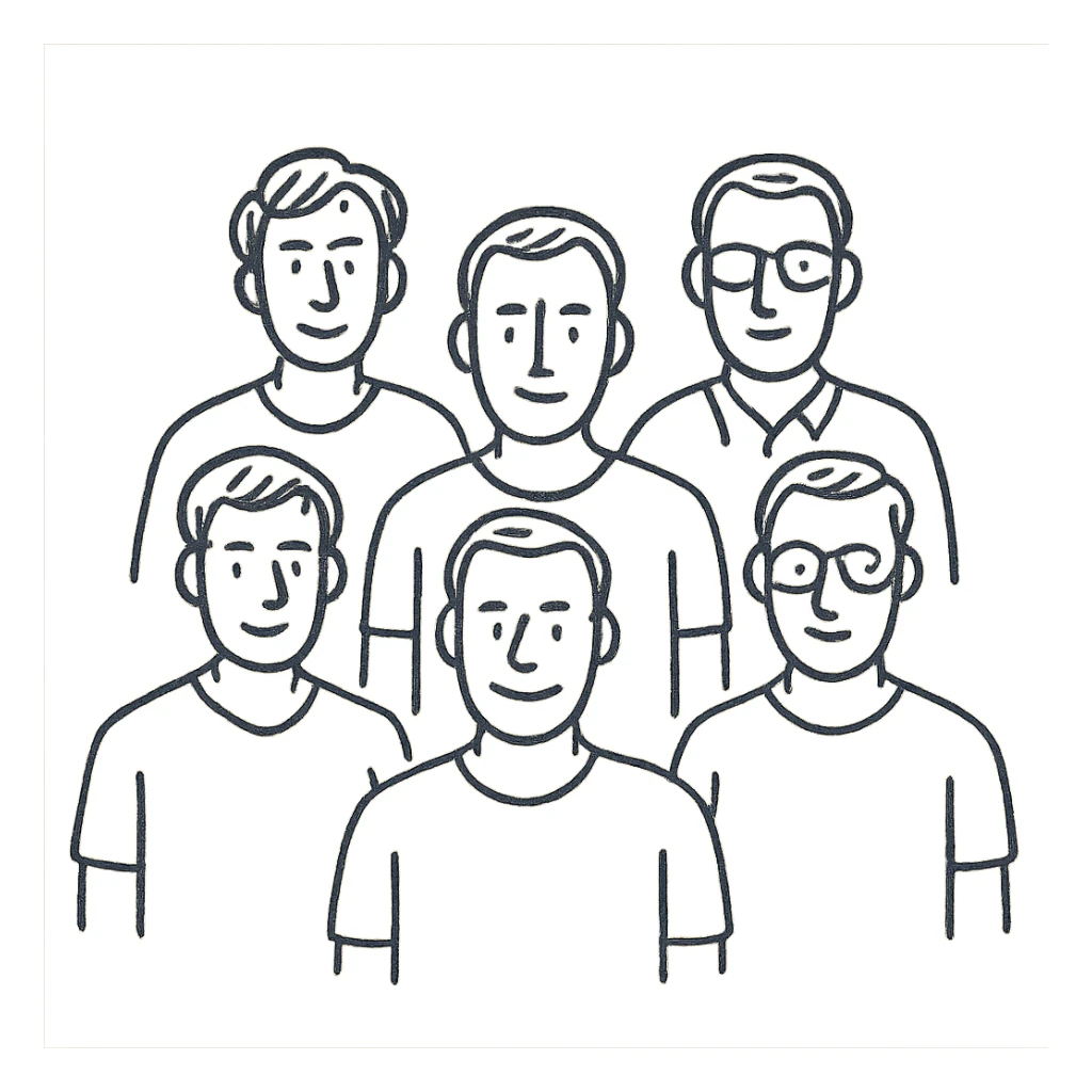 group of 6 men, white skin tone, white shirts, hand-drawn style sticker