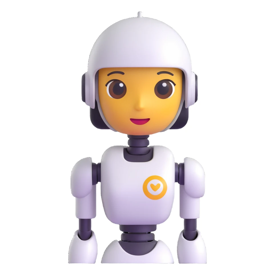 female robot, 3D emoji style, smooth and friendly 3D character sticker