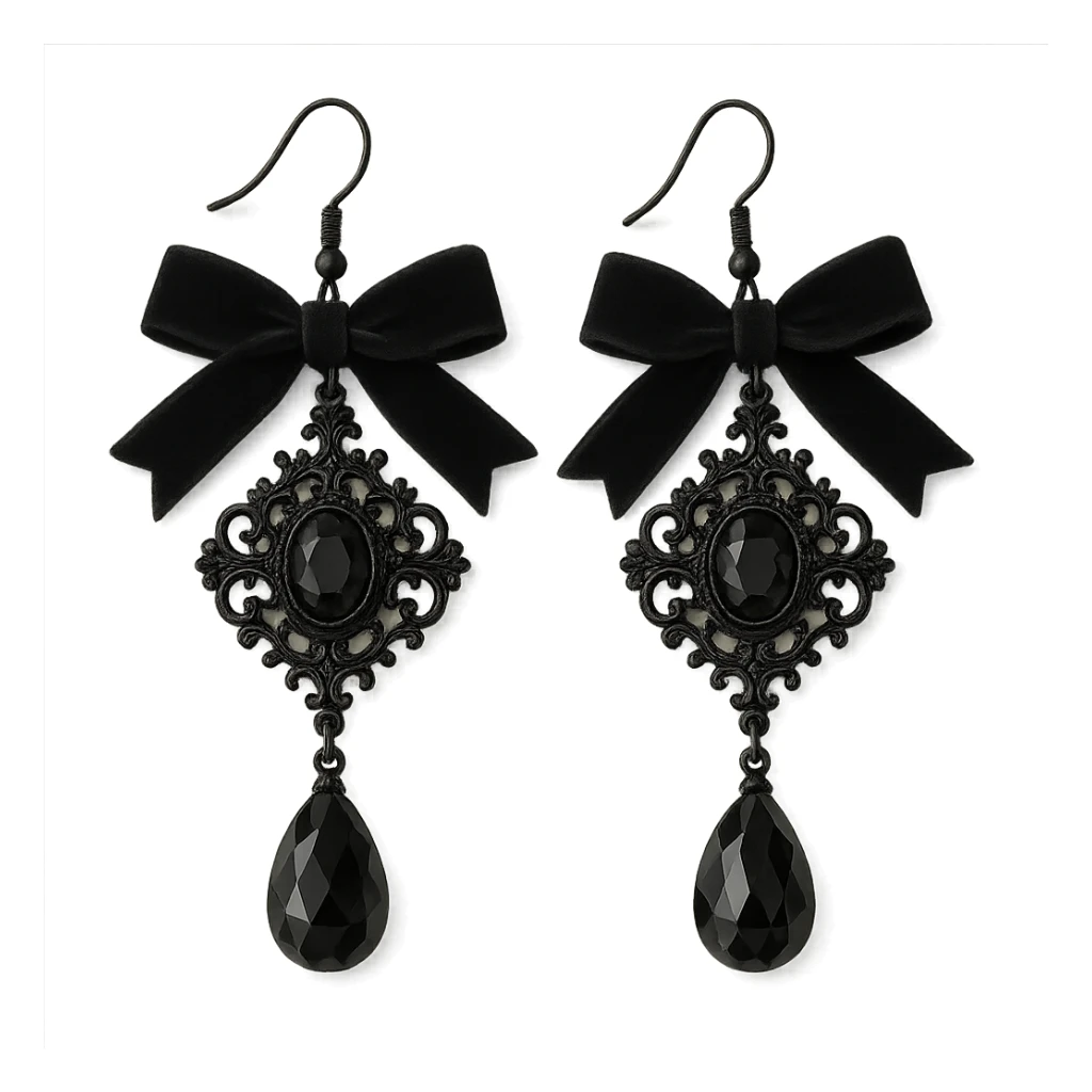 goth earrings with black velvet ribbon, victorian gothic style, elegant and soft sticker