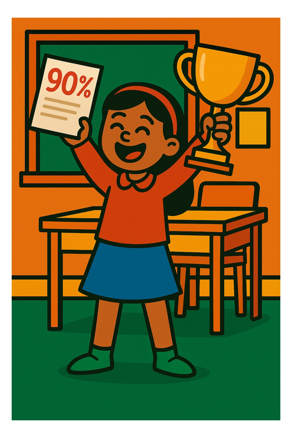 Change the student to a female student, keep the trophy and celebration for scoring 90%, vibrant colors, classroom background. sticker