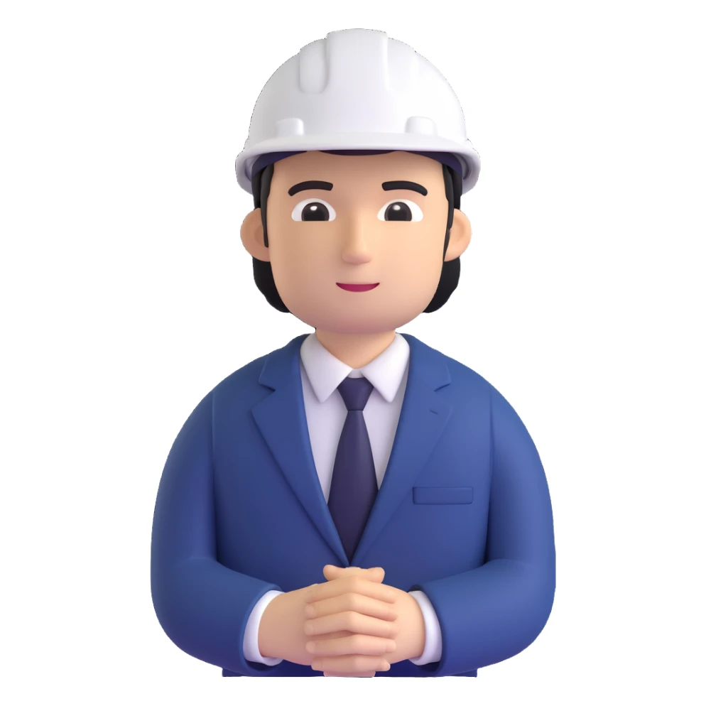 a man in a strict dark blue suit, wearing a white construction helmet on his head sticker