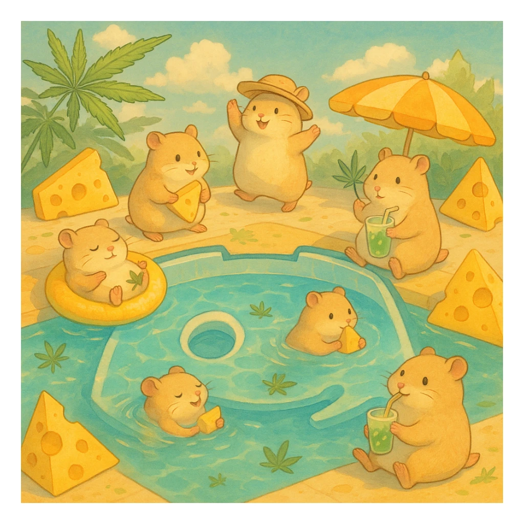 square Discord server icon, hamsters at a pool party with weed leaves, cheese, THC theme, no disco ball, Ghibli style, nostalgic, fun, inviting, summer party vibe, soft colors, dreamy atmosphere, clear composition sticker