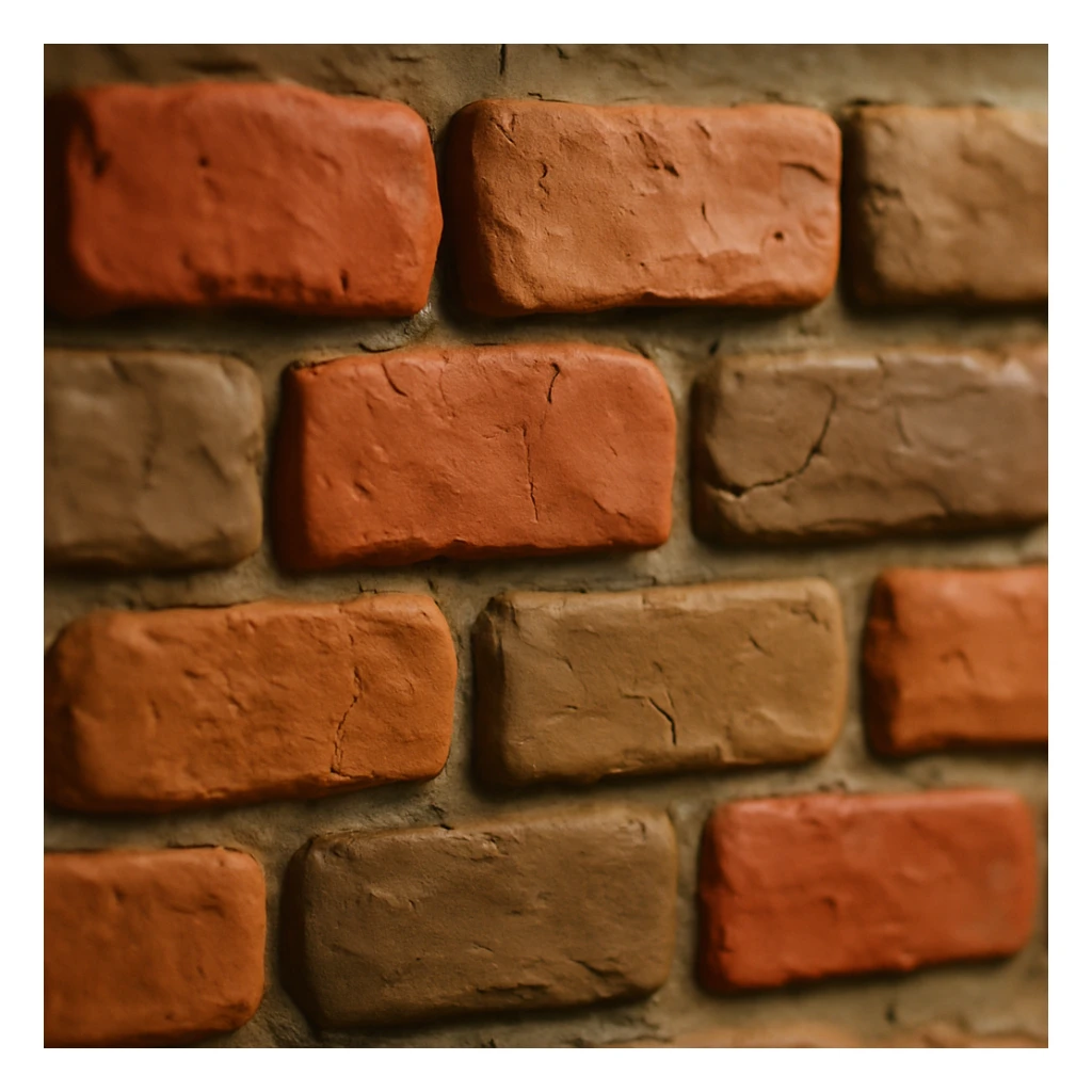 close-up of a brick wall with red and brown bricks, visible mortar, rough texture, natural lighting, slight weathering, cracks, shallow depth of field in claymation style sticker