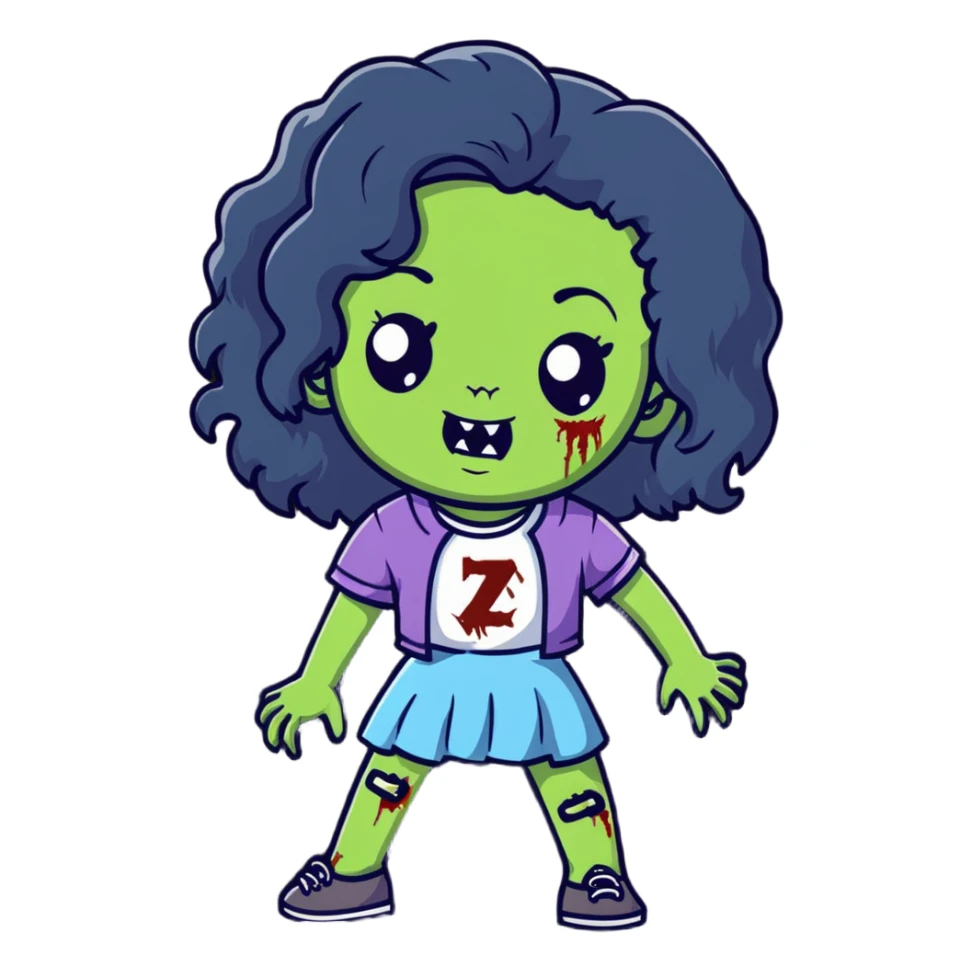 girl zombie with black long curly hair, emo style sticker