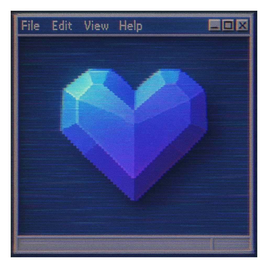 Low-poly 3D heart icon with a cute but vintage feel, slightly pixelated edges, CRT glow effect, blue-to-purple gradient with subtle scanline texture, VHS distortion, color bleed, slight blur, retro desktop-style background sticker