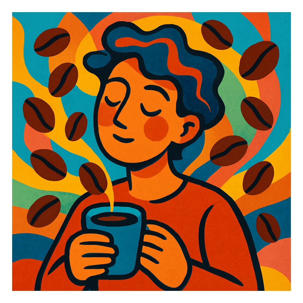 a person with coffee beans swirling around, dreamy expression, artistic style sticker
