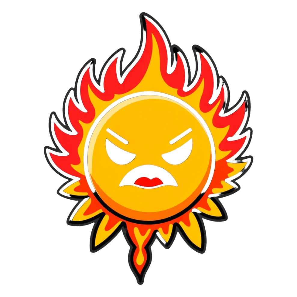 "A highly expressive emoji-style face with wide, bloodshot eyes and an open mouth, breathing a large burst of fire. The emoji has an exaggerated, cartoonish look with bright yellow and orange tones. The fire is detailed with red, orange, and yellow flames, creating a dramatic effect. sticker