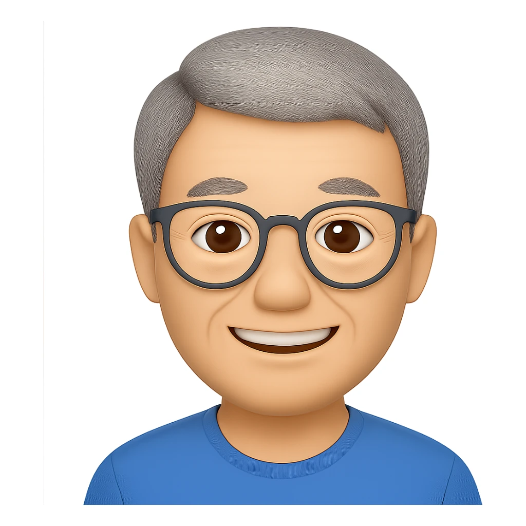 Make the middle aged Asian man look a little older with slightly gray hair, keep glasses, smiling, in emoji style, no background. sticker