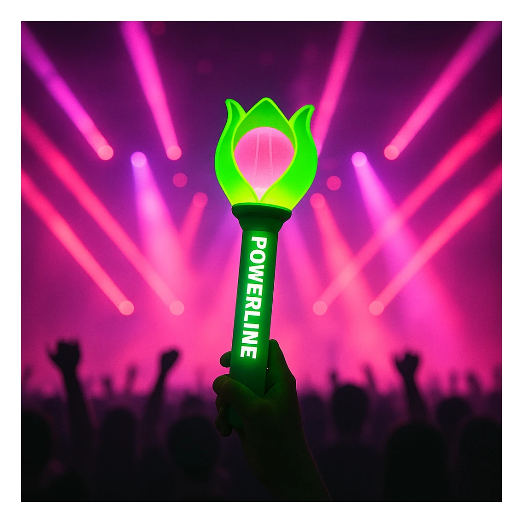 green and pink K-Pop lightstick with 'POWERLINE' on the handle, dramatic concert lighting, crowd silhouettes sticker