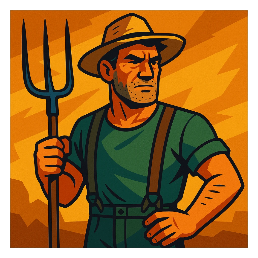 vibrant toon style illustration of a rugged middle-aged farmer, sun-bleached face, black hair, strong jaw, stubble, green trousers, suspenders, green T-shirt, straw hat, holding pitchfork, dramatic warm golden-brown background, bold lines, mix of warm and cool lighting, rustic rural America vibe sticker